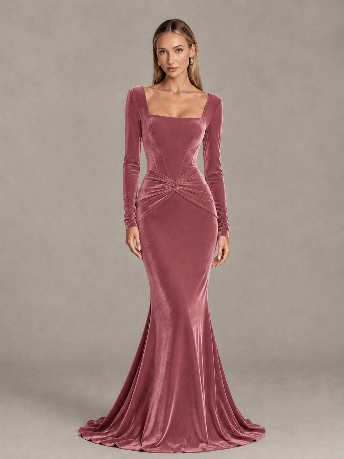 BOLODOO Desert Rose Velvet-Look Square Neck Long Sleeve Mermaid Evening Dress - Desert Rose - Desert Rose_1