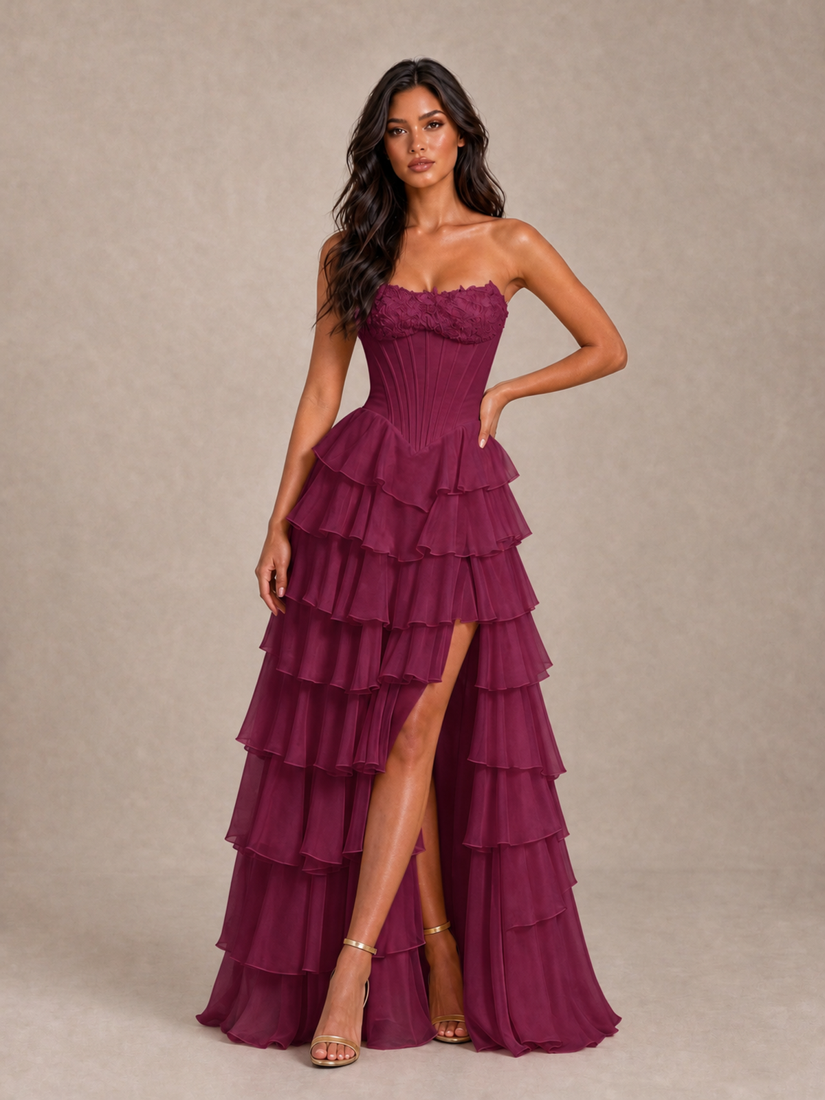 BOLODOO Desert Rose Strapless Corset Tiered Ruffle Prom Dress with High Slit - Desert Rose - Desert Rose_1