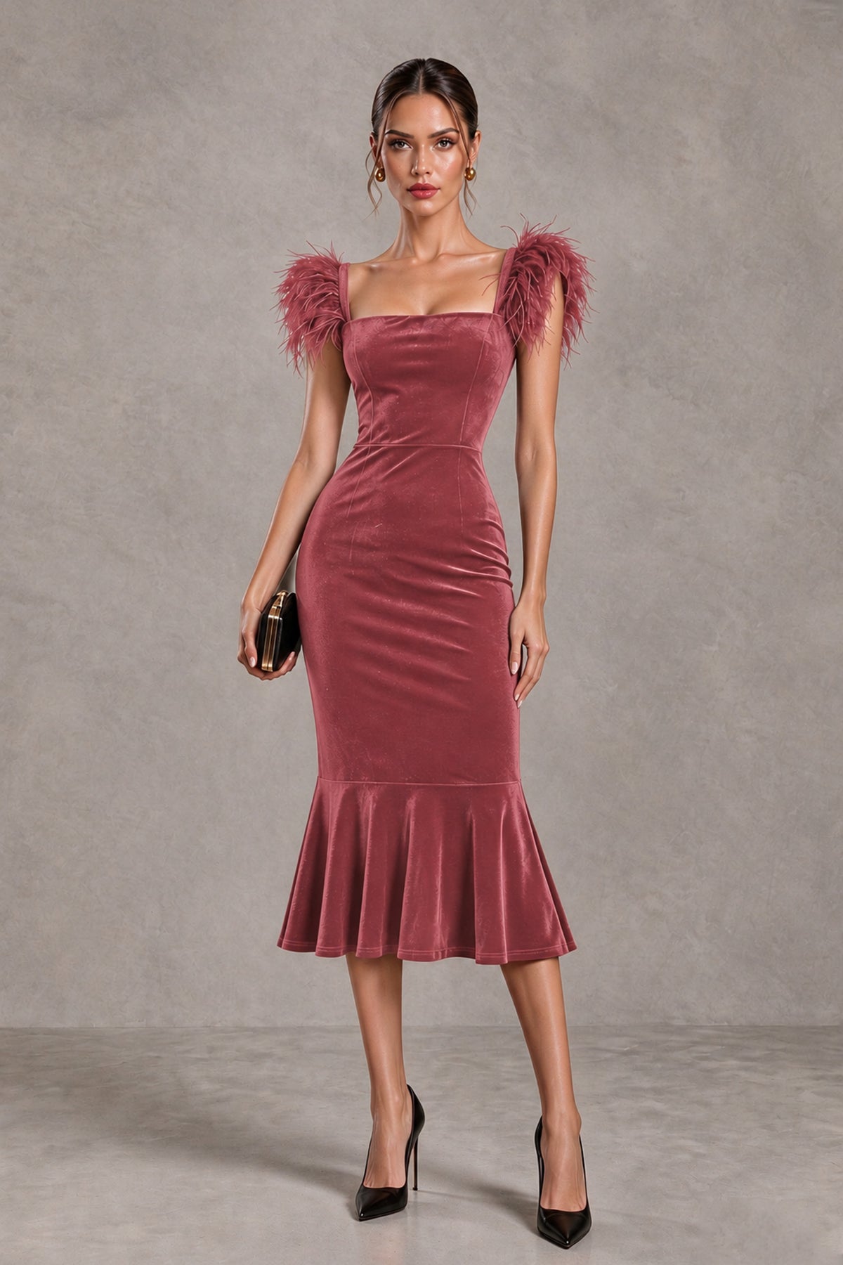 BOLODOO Desert Rose Feather-Trim Velvet-Look Mermaid Midi Dress - Desert Rose - Desert Rose_1