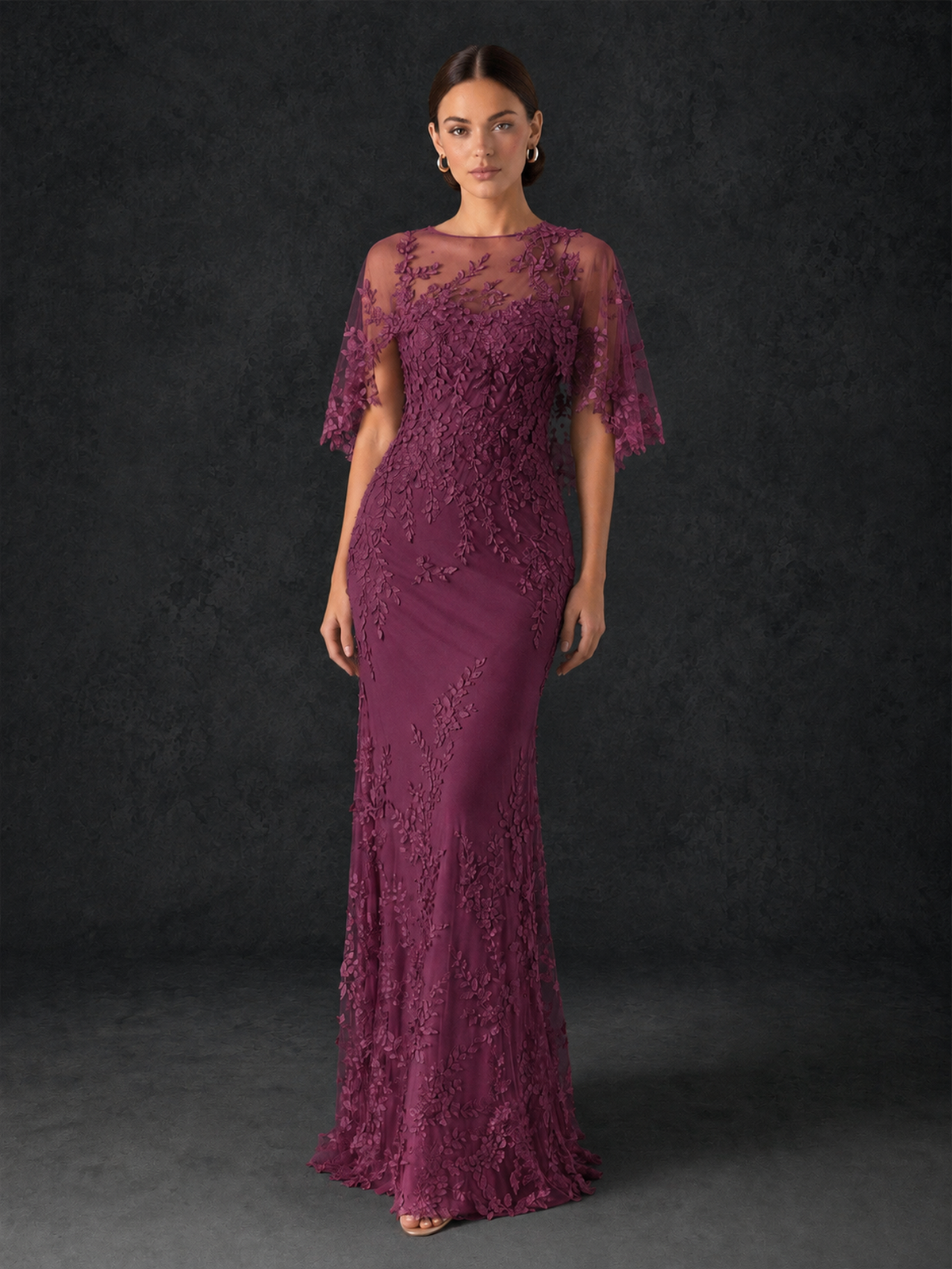 BOLODOO Mocha Desert Rose Botanical Lace Flutter Sleeve Mermaid Gown - Desert Rose