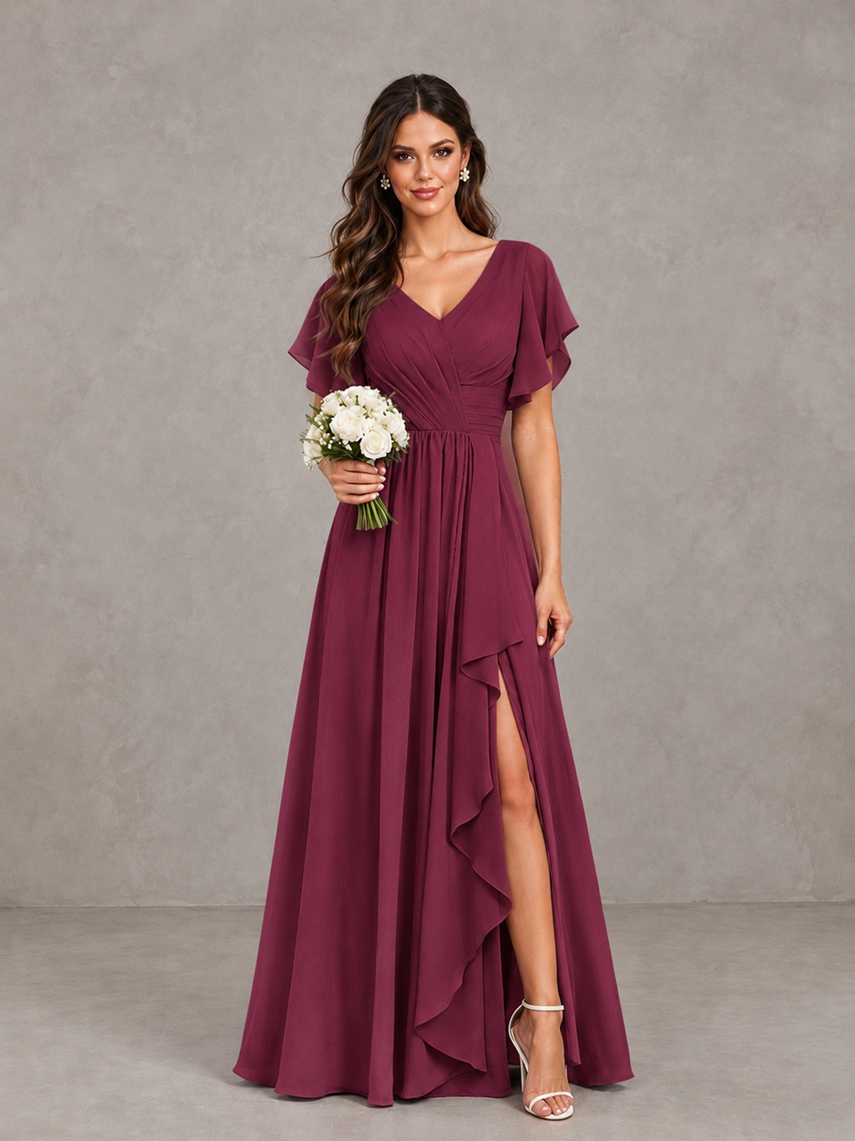 BOLODOO Desert Rose Flutter Sleeve V-Neck Bridesmaid Dress with Ruffle Slit - Desert Rose - Desert Rose_1