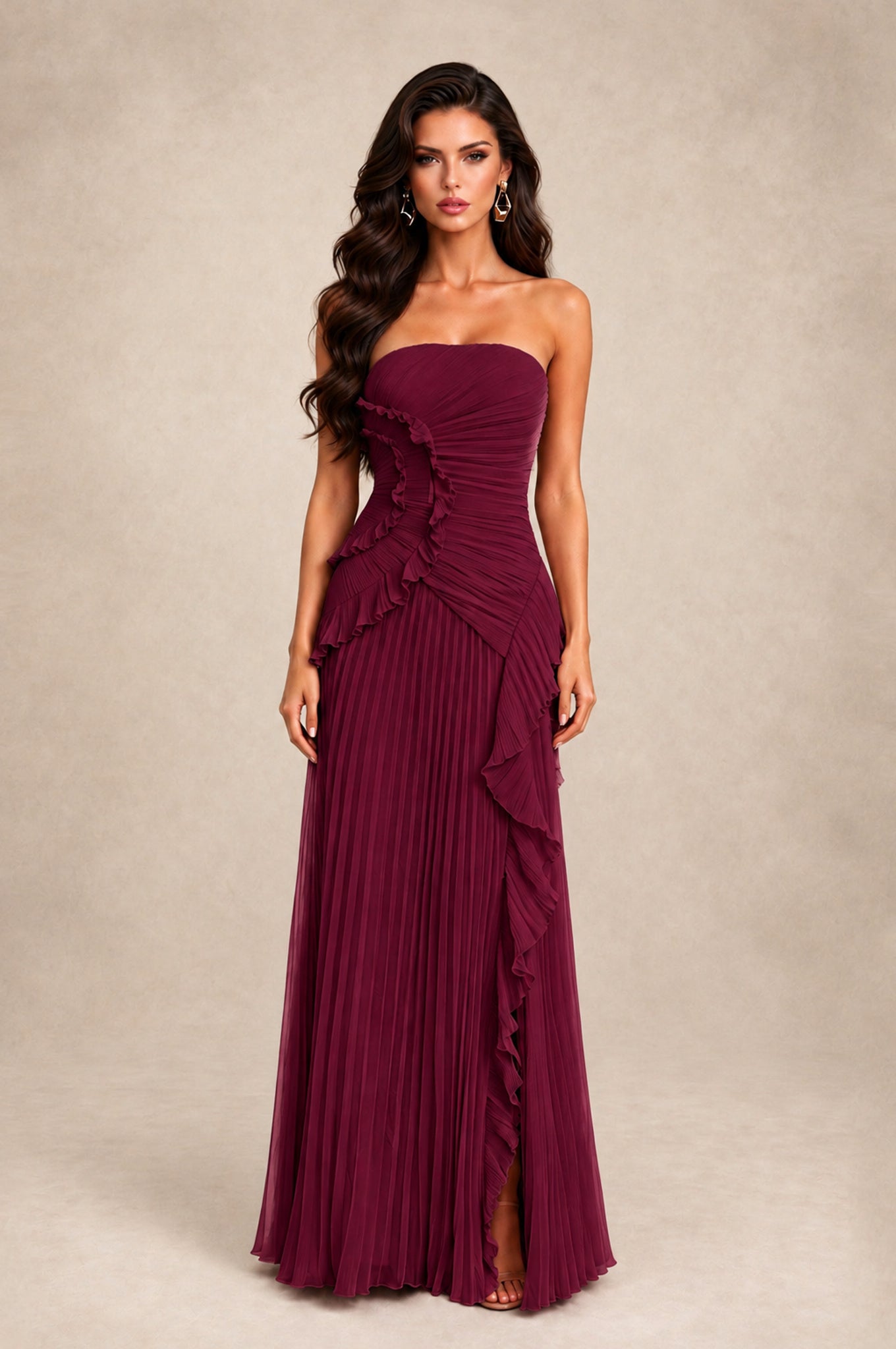 Desert Rose Strapless Ruffle Pleated Slit Gown | BOLODOO