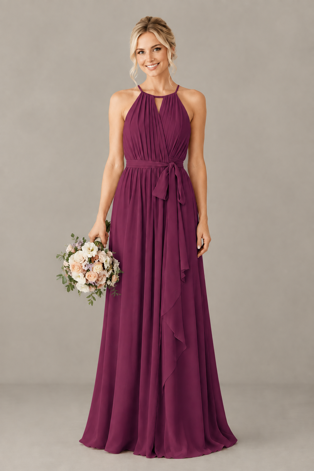 BOLODOO Desert Rose Halter Chiffon Bridesmaid Dress with High Slit - Desert Rose