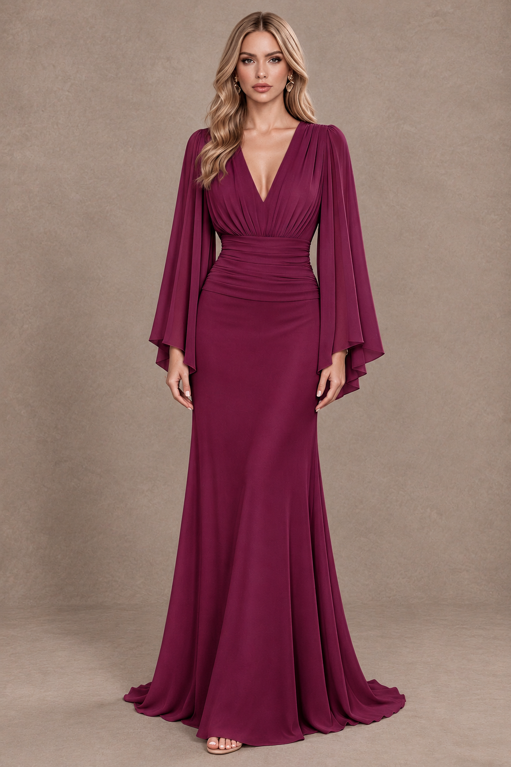 BOLODOO Desert Rose Cape Sleeve V-Neck Ruched Chiffon Evening Dress - Desert Rose - Desert_Rose_1