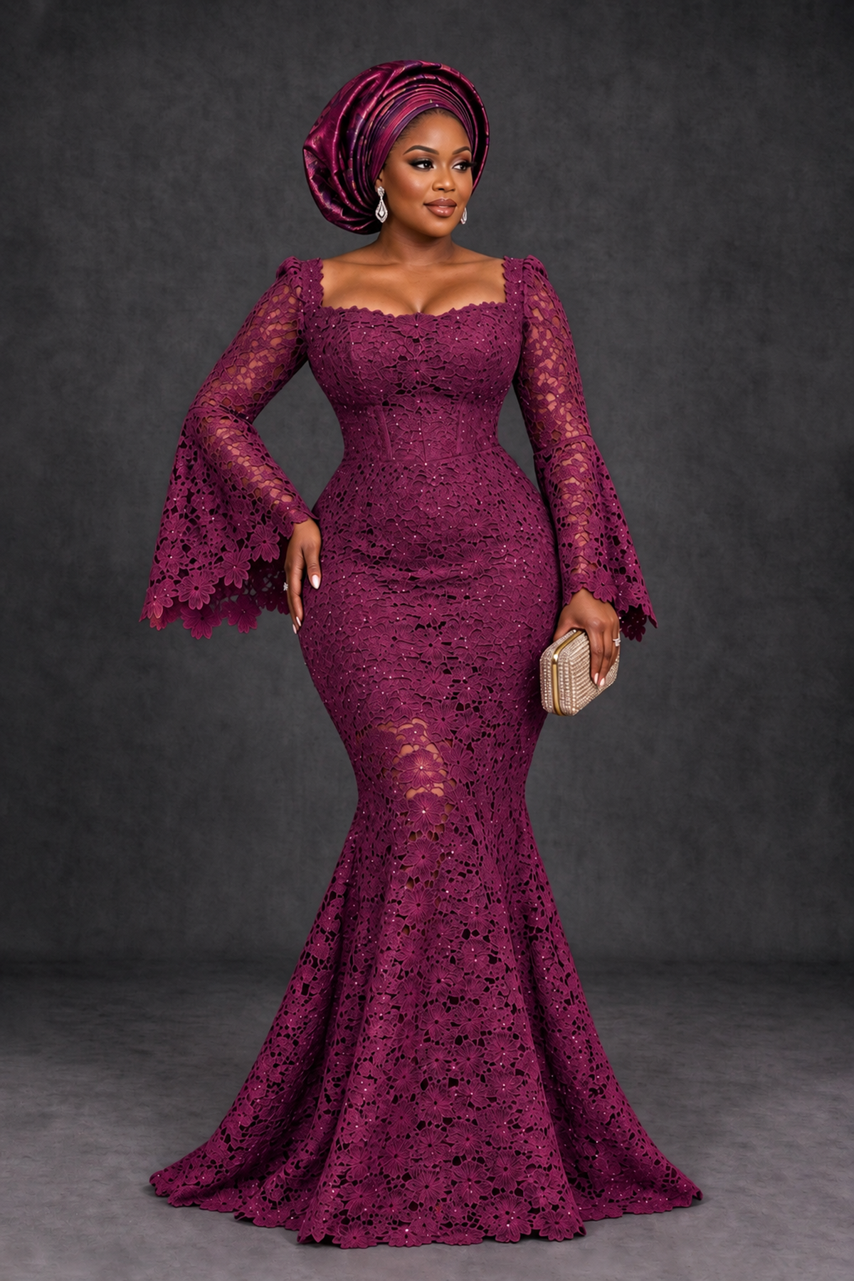 BOLODOO Desert Rose African Lace Mermaid Dress, Plus Size Nigerian Wedding Guest Gown with Bell Sleeves - Desert Rose - Desert Rose_1