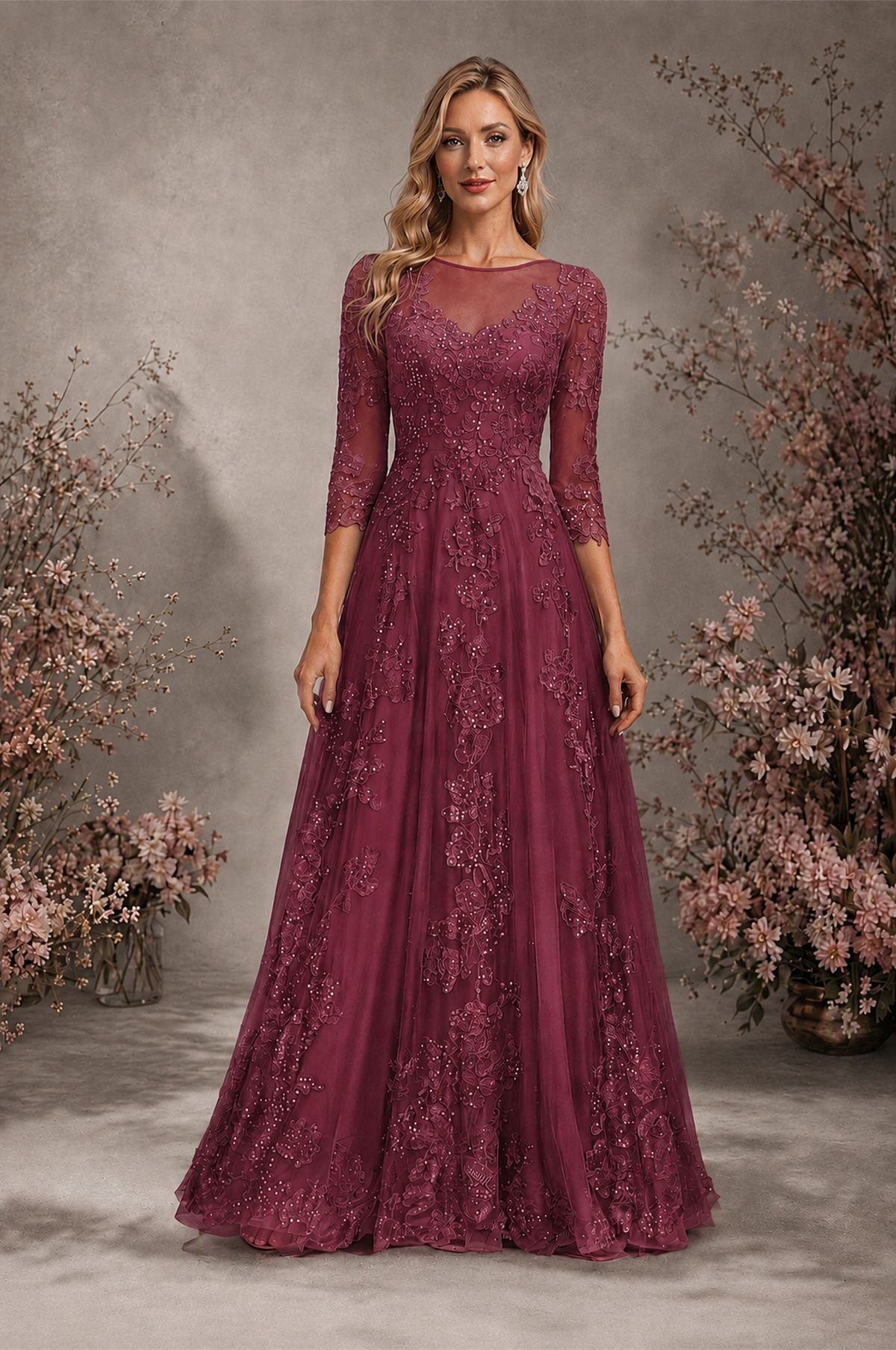 BOLODOO Desert Rose Sequin Lace 3/4 Sleeve Open Back Formal Evening Gown - Desert Rose