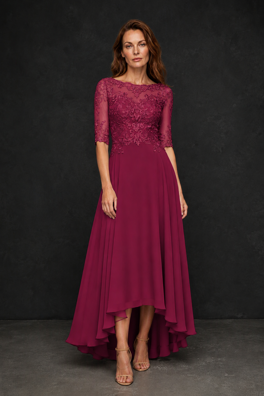 BOLODOO Desert Rose Illusion Lace 3/4 Sleeve Hi-Lo Chiffon A-Line Dress | Mother of the Bride Tea Length Dress - Desert Rose
