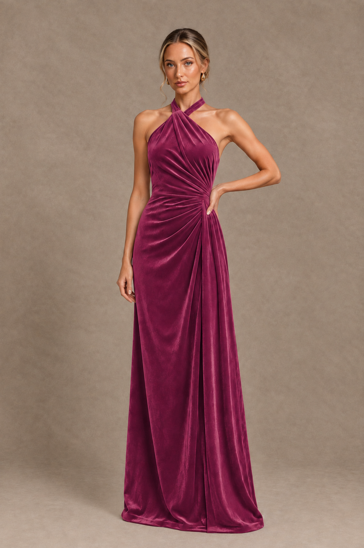 BOLODOO Desert Rose Velvet Halter Open-Back Ruched Evening Dress - Desert Rose - Desert_Rose_1