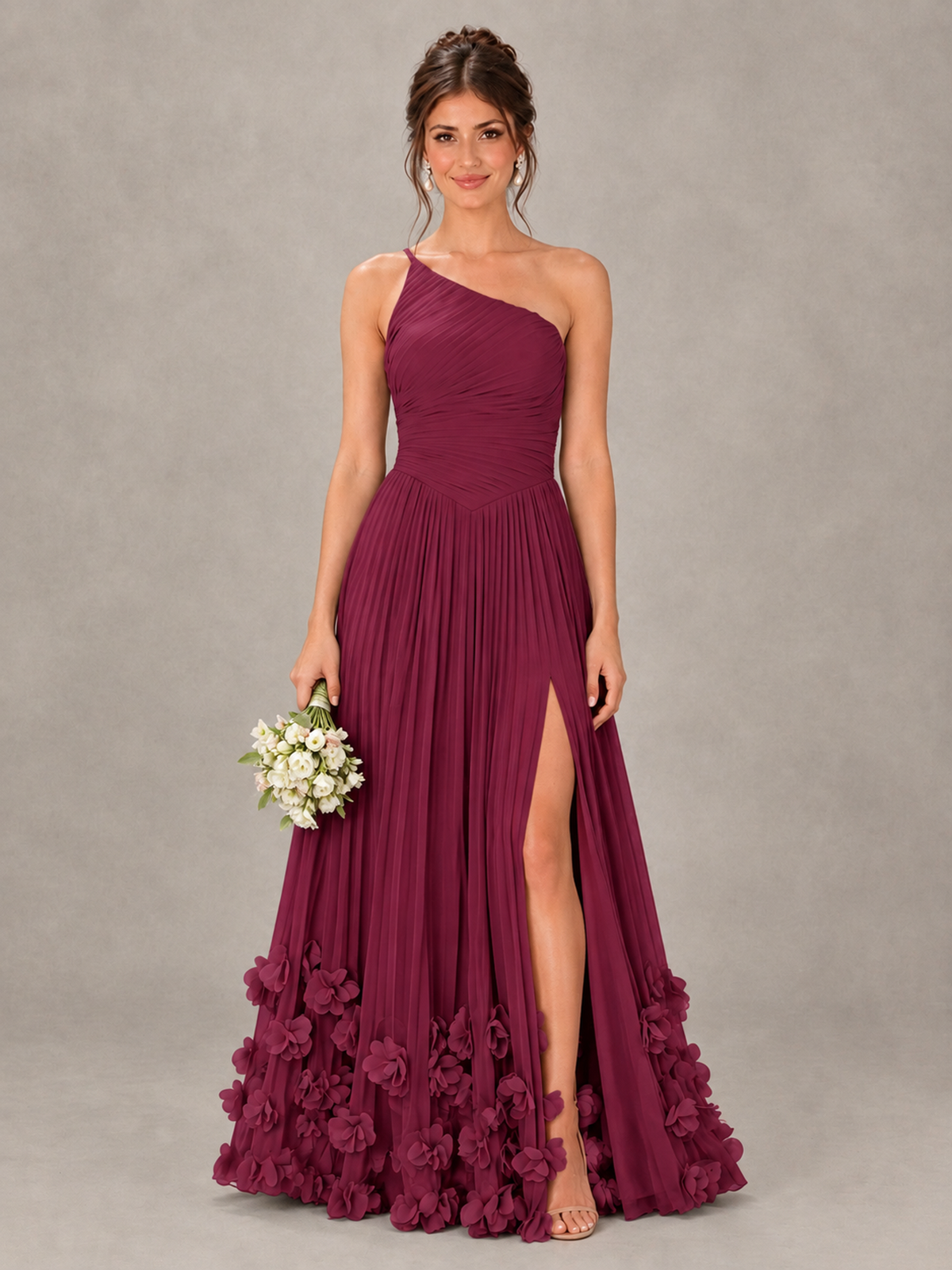 BOLODOO Desert Rose One-Shoulder Pleated Bridesmaid Dress with 3D Floral Hem - Desert Rose - Desert Rose_1