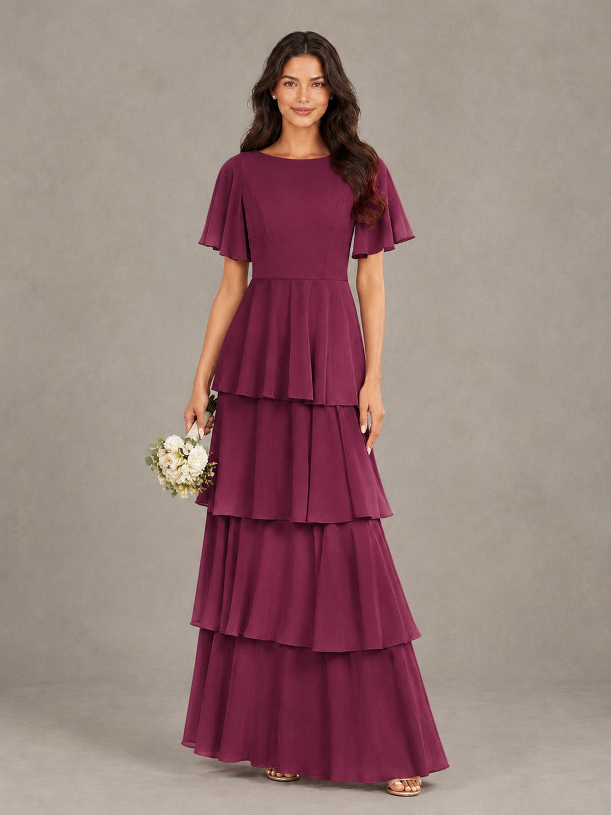 BOLODOO Desert Rose Tiered Flutter Sleeve Bridesmaid Dress - Desert Rose - Desert Rose_1