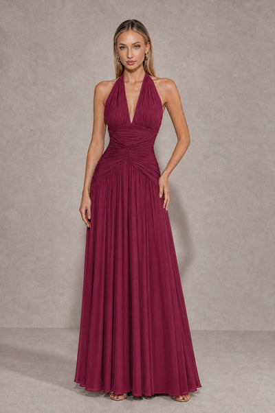 BOLODOO Desert Rose Chiffon Halter Deep V-Neck Ruched A-Line Backless Maxi Dress with Train-BD0167 - Desert Rose - Desert Rose_1