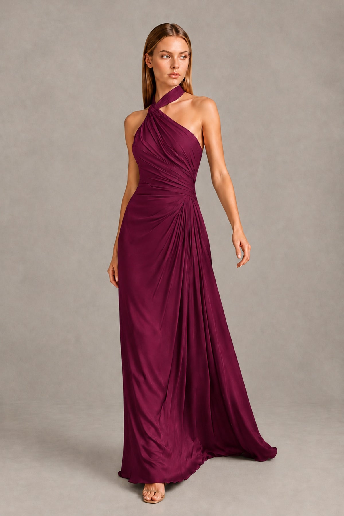 BOLODOO Desert Rose Twisted Halter Neck Ruched Sleeveless Open Back Floor-Length Gown - Desert Rose - Desert_Rose_1