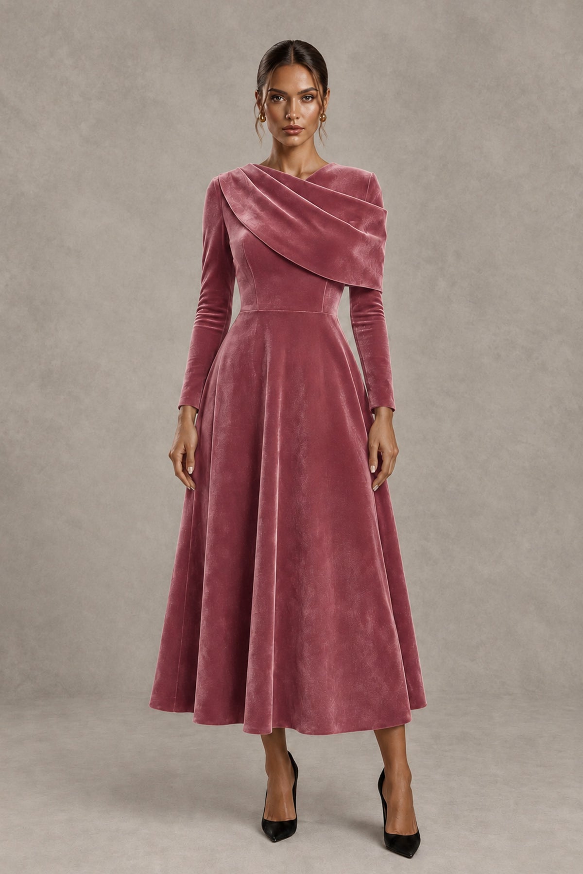 BOLODOO Desert Rose Velvet-Look Long Sleeve Tea-Length A-Line Dress with Draped Neckline - Desert Rose - Desert Rose_1