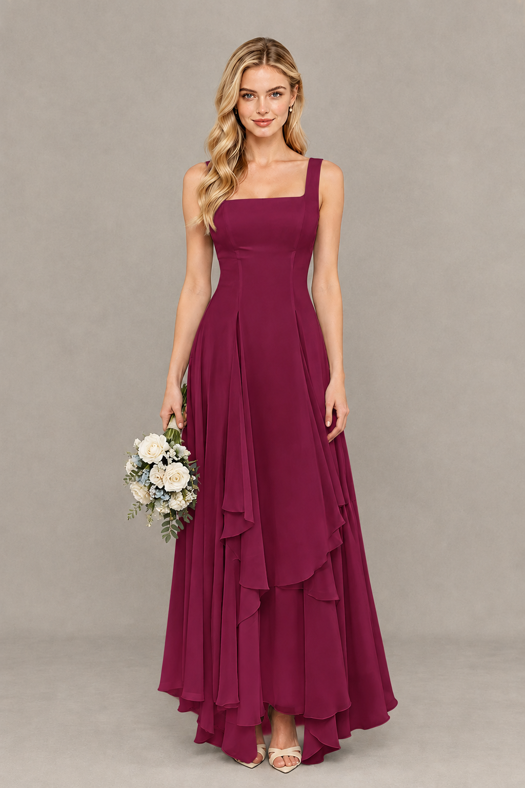 BOLODOO Desert Rose Square Neck Chiffon Bridesmaid Dress with Lace-Up Back - Desert Rose