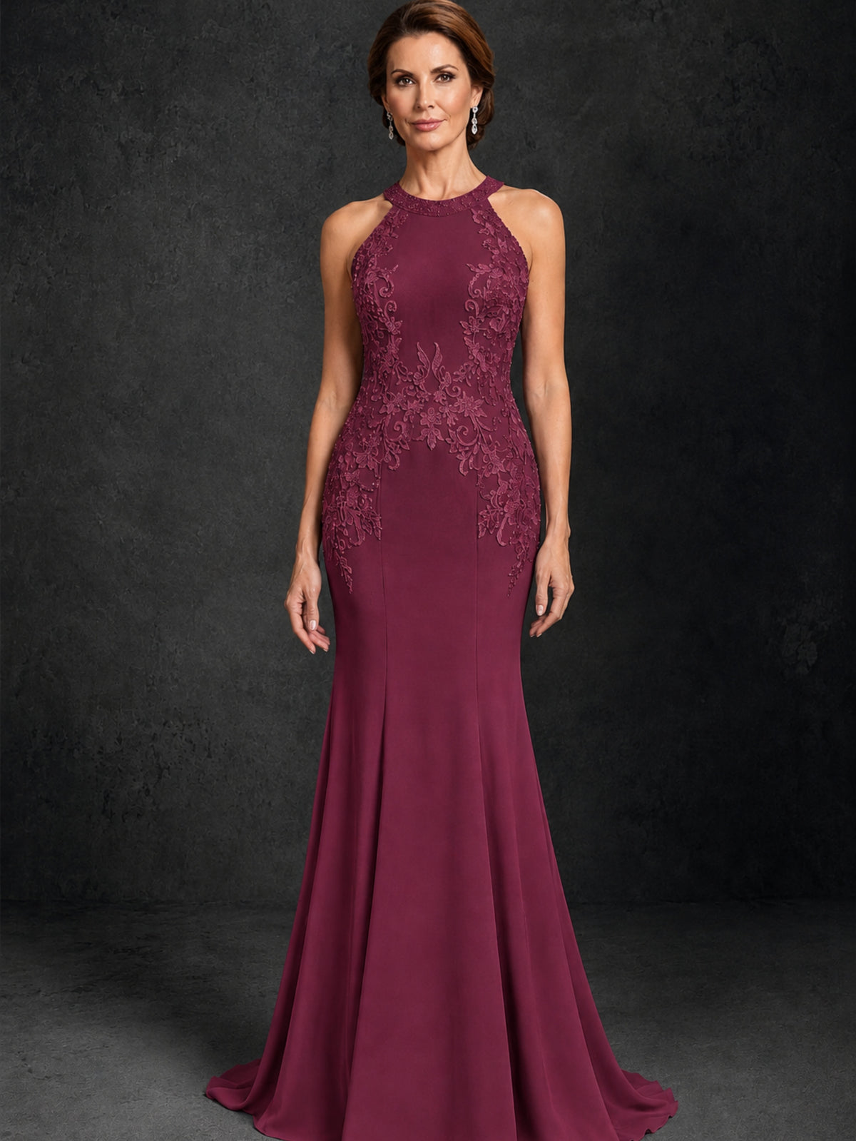 BOLODOO Desert Rose Lace Applique Halter Neck Sheer Back Mermaid Maxi Dress with Sweep Train - Desert Rose