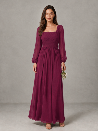 BOLODOO Desert Rose Square Neck Long Sleeve Chiffon Bridesmaid Dress - Desert Rose - Desert Rose_1