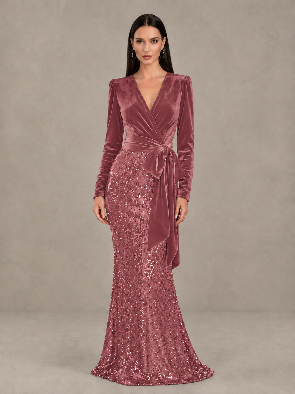 BOLODOO Desert Rose Velvet & Sequin Long Sleeve V-Neck Mermaid Evening Gown - Desert Rose - Desert Rose_1