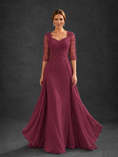 BOLODOO Desert Rose Sweetheart Neck 3/4 Sleeve Floral Lace Illusion Bodice Chiffon A-Line Gown - Desert Rose