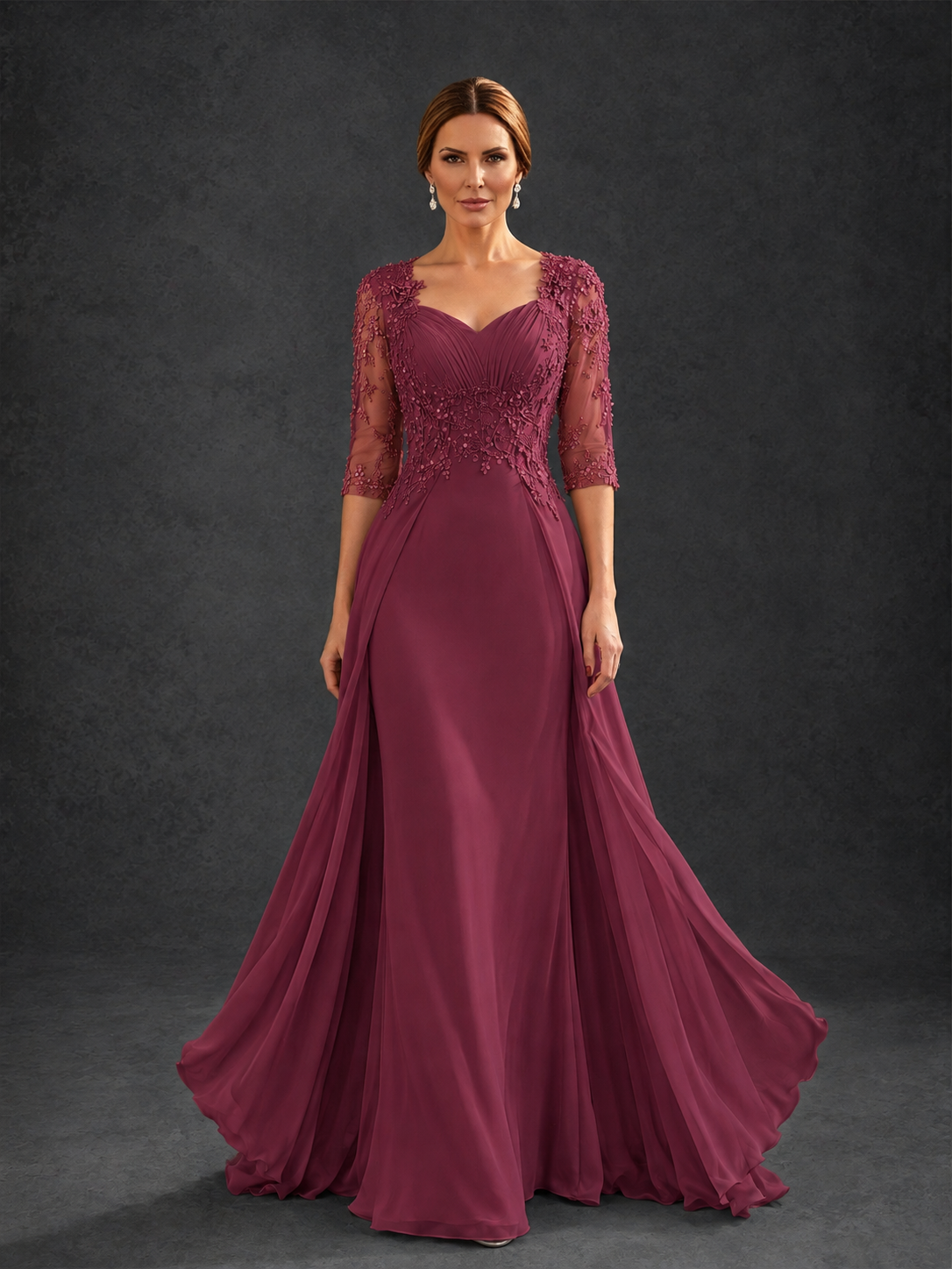 BOLODOO Desert Rose Sweetheart Neck 3/4 Sleeve Floral Lace Illusion Bodice Chiffon A-Line Gown - Desert Rose