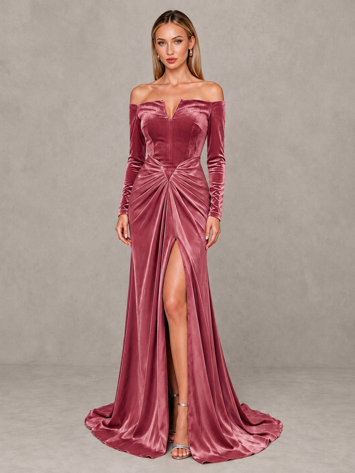BOLODOO Desert Rose Off-Shoulder Velvet Evening Gown with High Slit - Desert Rose - Desert Rose_1
