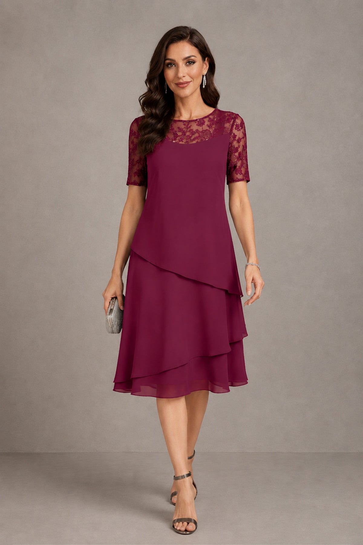 BOLODOO Desert Rose Illusion Lace Short Sleeve Tiered Chiffon Tea Length Dress | Mother of the Bride Midi Dress - Desert Rose