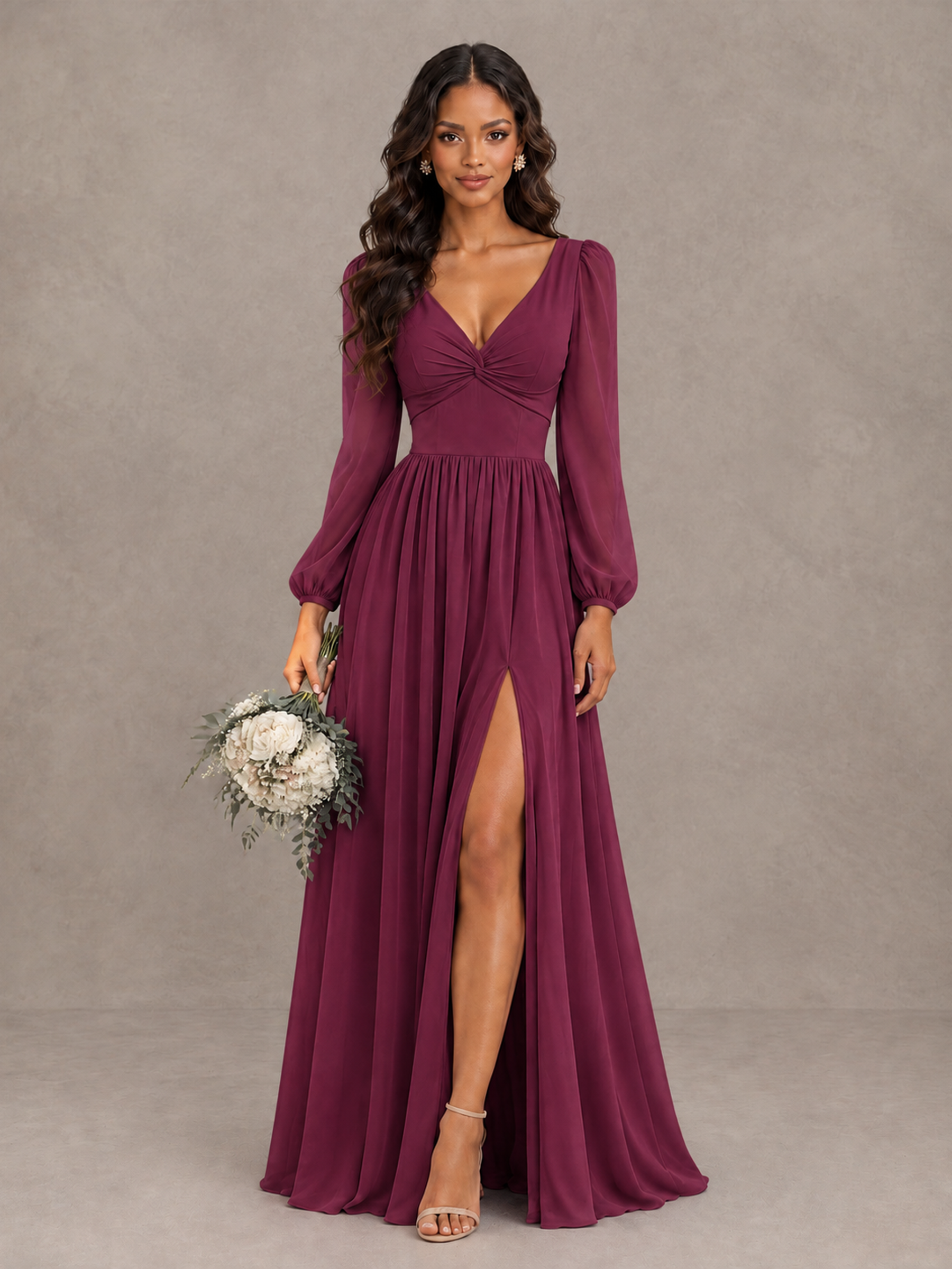 Desert Rose V-Neck Long Sleeve Bridesmaid Dress | BOLODOO