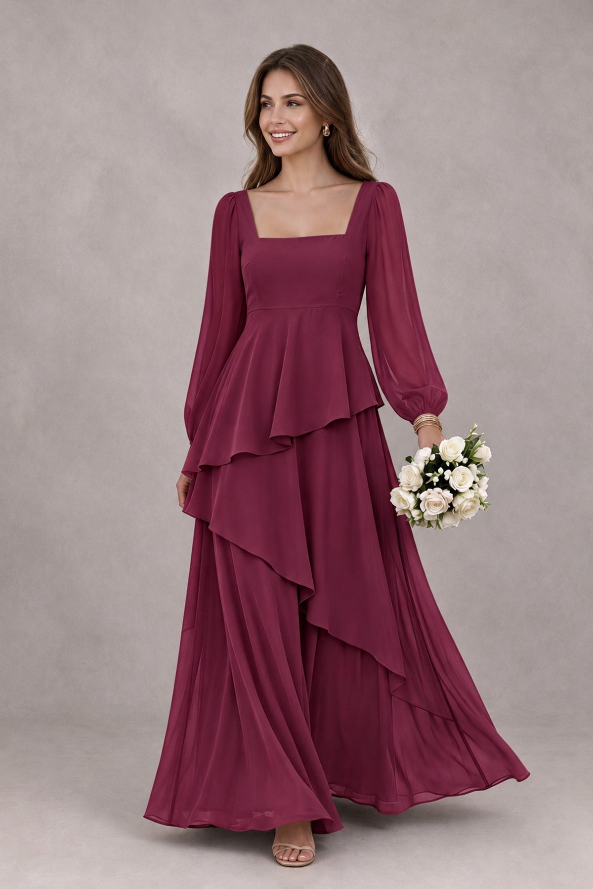 BOLODOO Desert Rose Long Sleeve Ruffle Bridesmaid Dresses - Desert Rose - Desert Rose_1