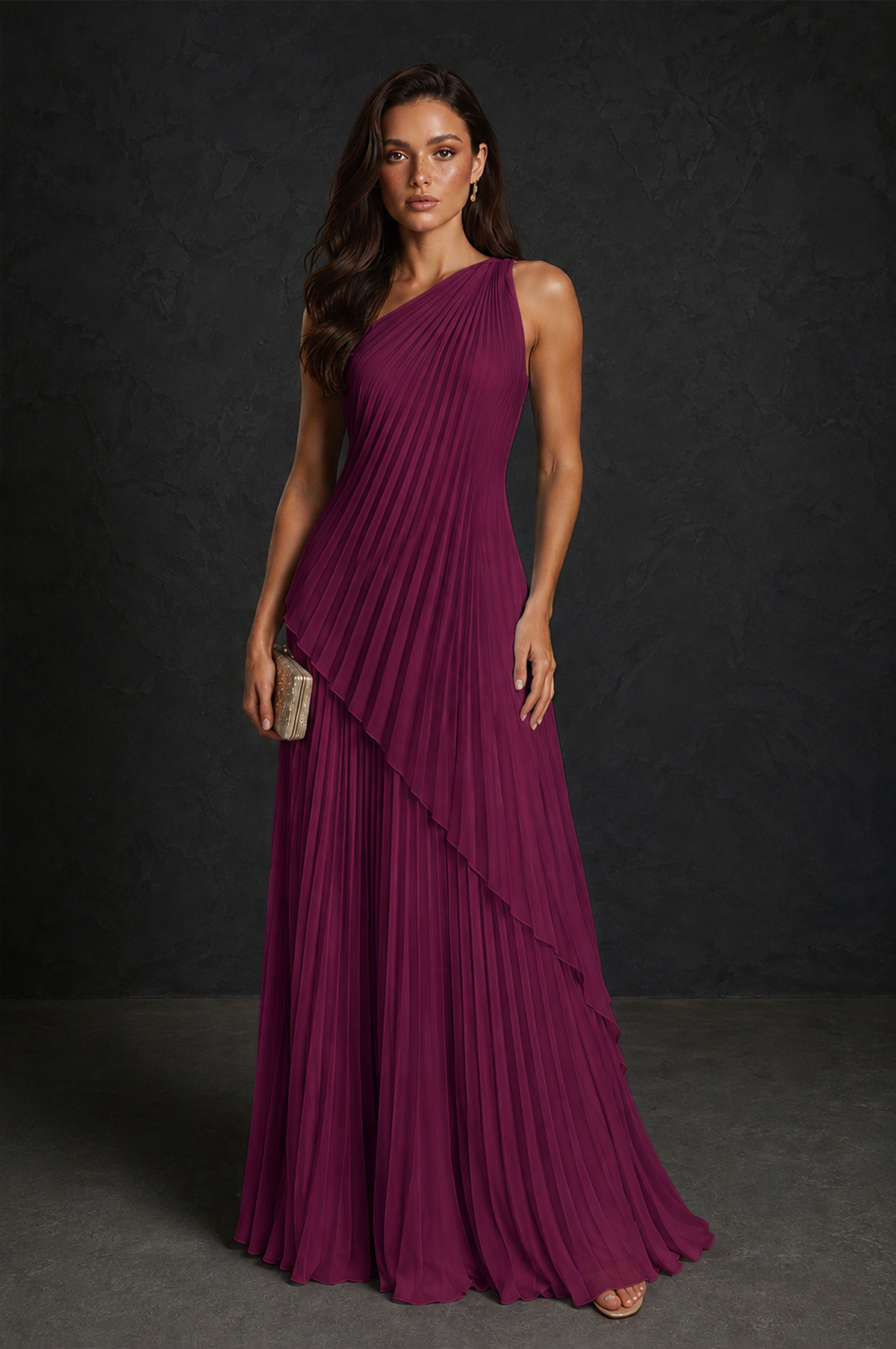 BOLODOO Desert Rose One-Shoulder Sunburst Pleated Asymmetric Layered Overlay Accordion Pleated Chiffon Maxi Dress - Desert Rose