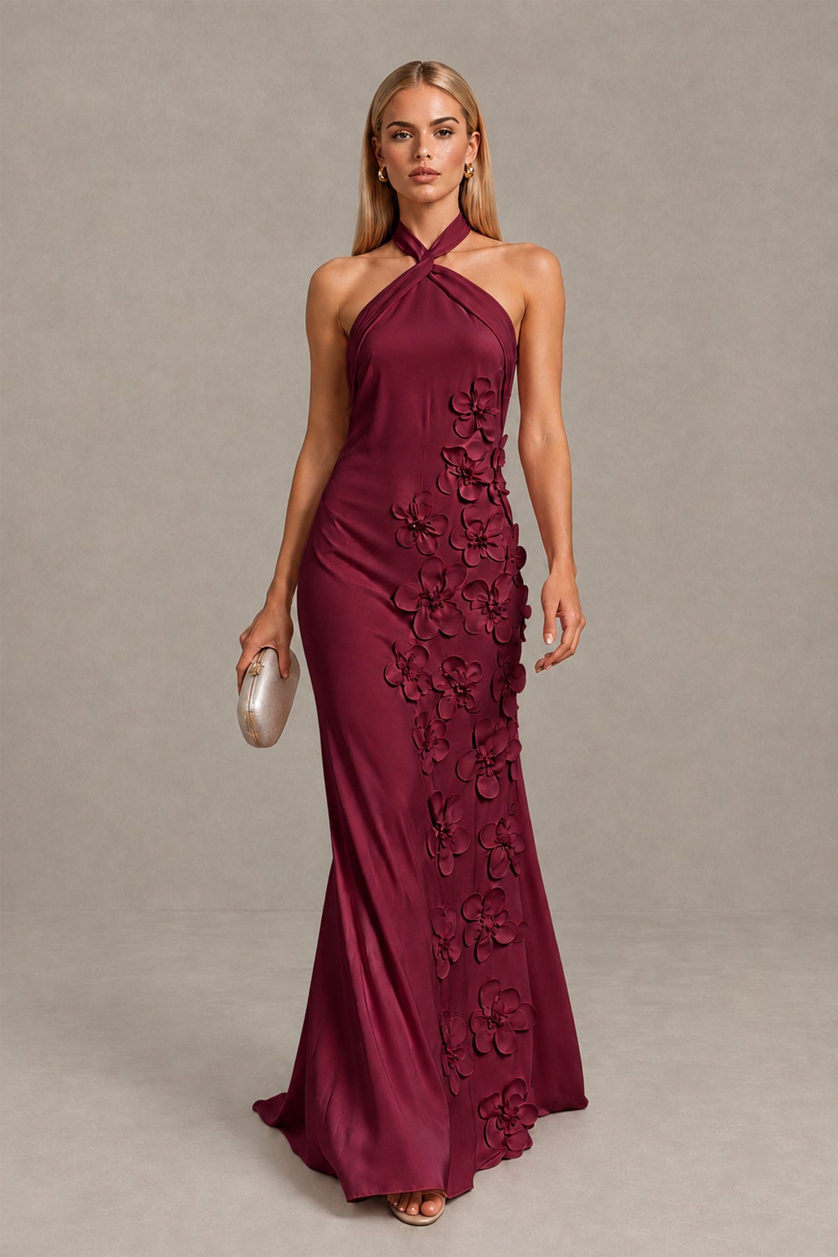 BOLODOO Desert Rose Cross Halter Neck 3D Floral Appliqué Backless Mermaid Maxi Gown - Desert Rose - Desert_Rose_1