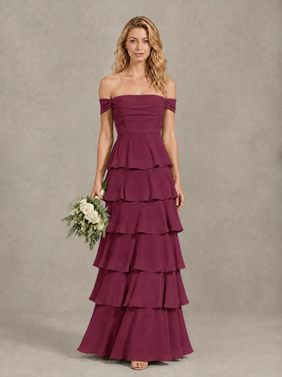 BOLODOO Desert Rose Off-Shoulder Tiered Ruffle Bridesmaid Dress with Lace-Up Back - Desert Rose - Desert Rose_1