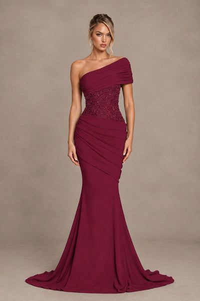 BOLODOO Desert Rose One-Shoulder Sequin Embroidered Ruched Mermaid Gown with Train - Desert Rose - Desert Rose_1