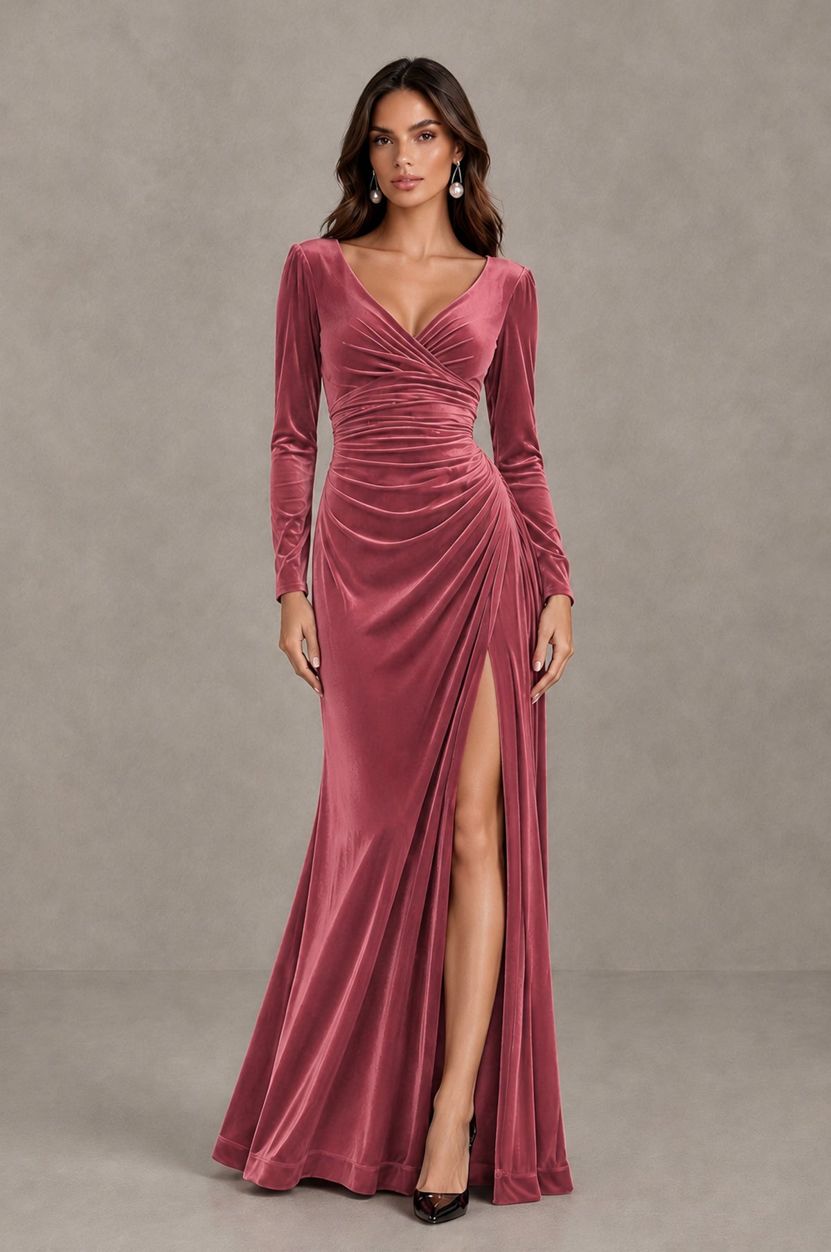 BOLODOO Desert Rose Long Sleeve V-Neck Ruched Velvet Formal Dress - Desert Rose - Desert Rose_1