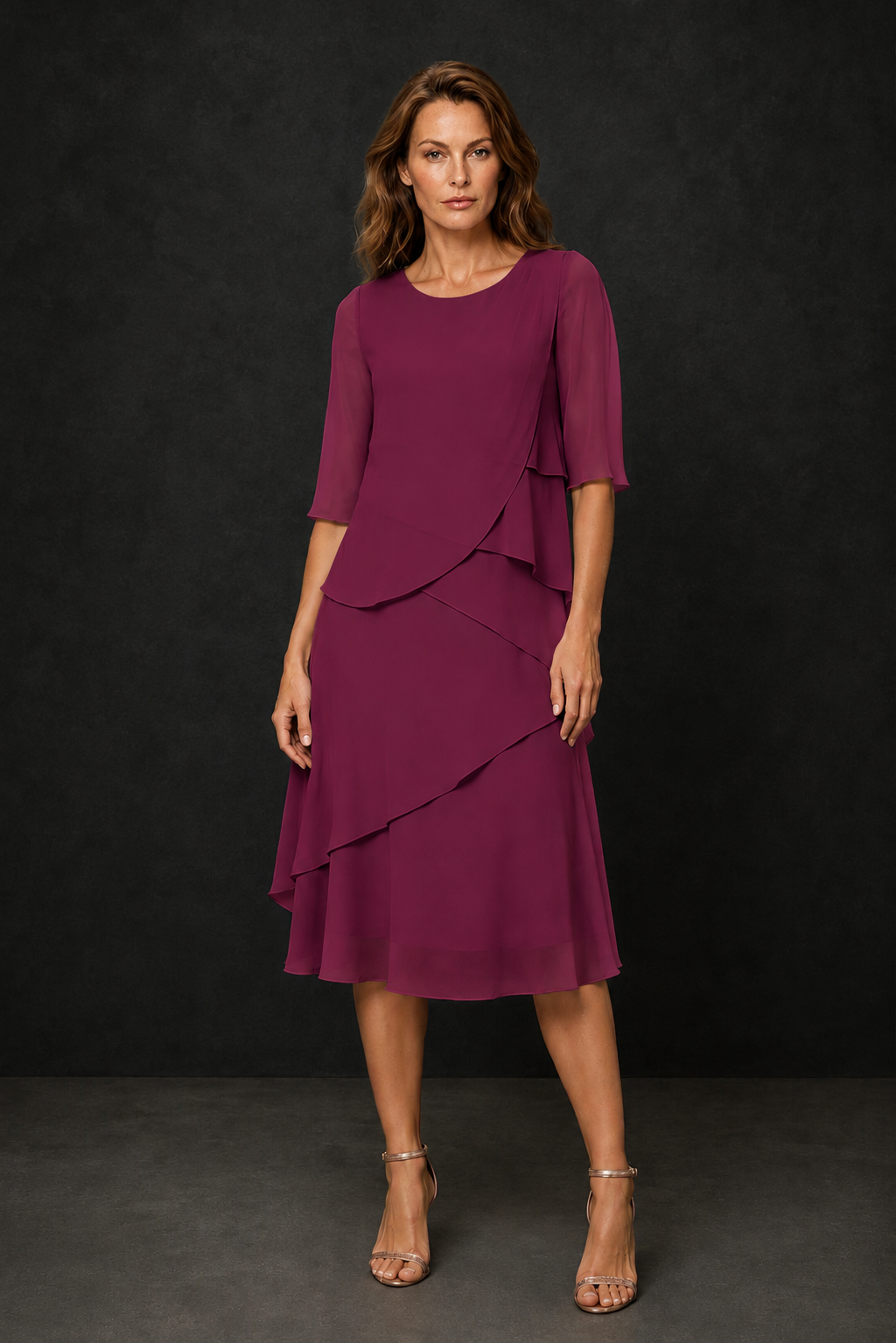 BOLODOO Desert Rose Chiffon 3/4 Sleeve Asymmetric Tiered Tea Length Dress | Mother of the Bride Midi Dress - Desert Rose