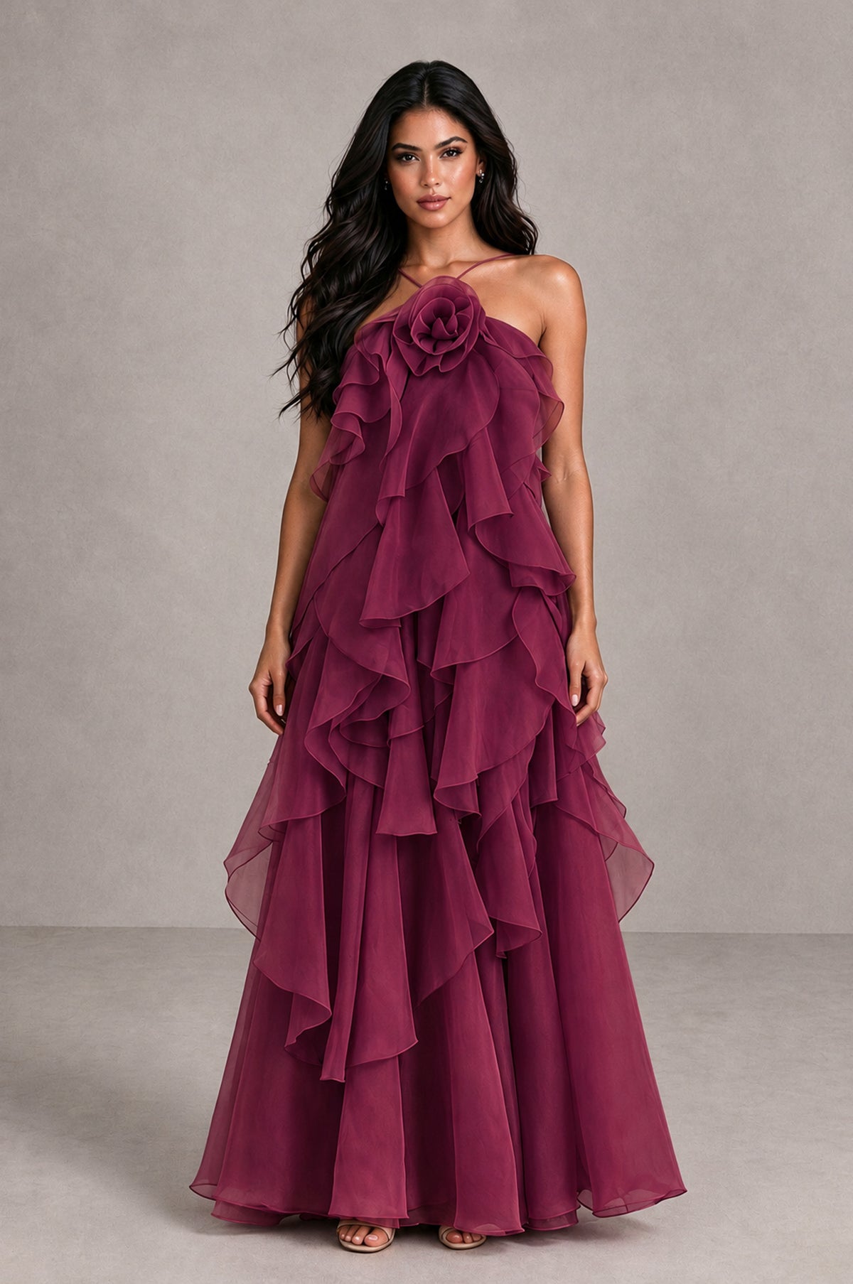 BOLODOO Desert Rose Cascading Ruffle Rosette Open-Back Maxi Dress - Desert Rose - Desert Rose_1