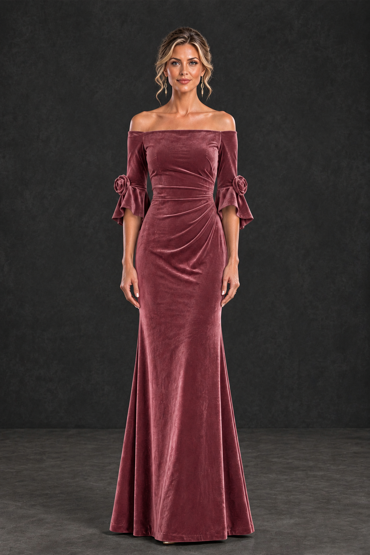 BOLODOO Desert Rose Velvet Off-Shoulder Mother of the Bride Dress – 3/4 Floral Cuff Sleeve Mermaid Evening Gown - Desert Rose - Desert Rose_1