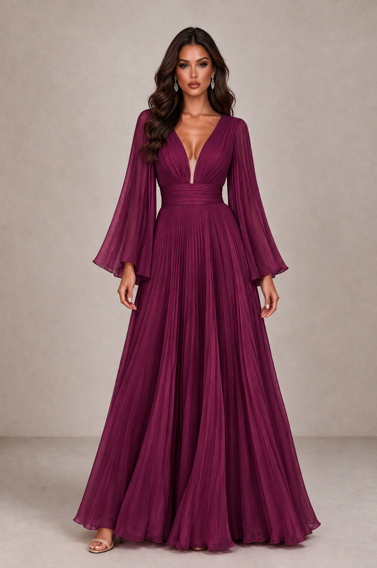 BOLODOO Desert Rose Pleated Deep V-Neck Long Bell Sleeve Evening Dress - Desert Rose - Desert_Rose_1