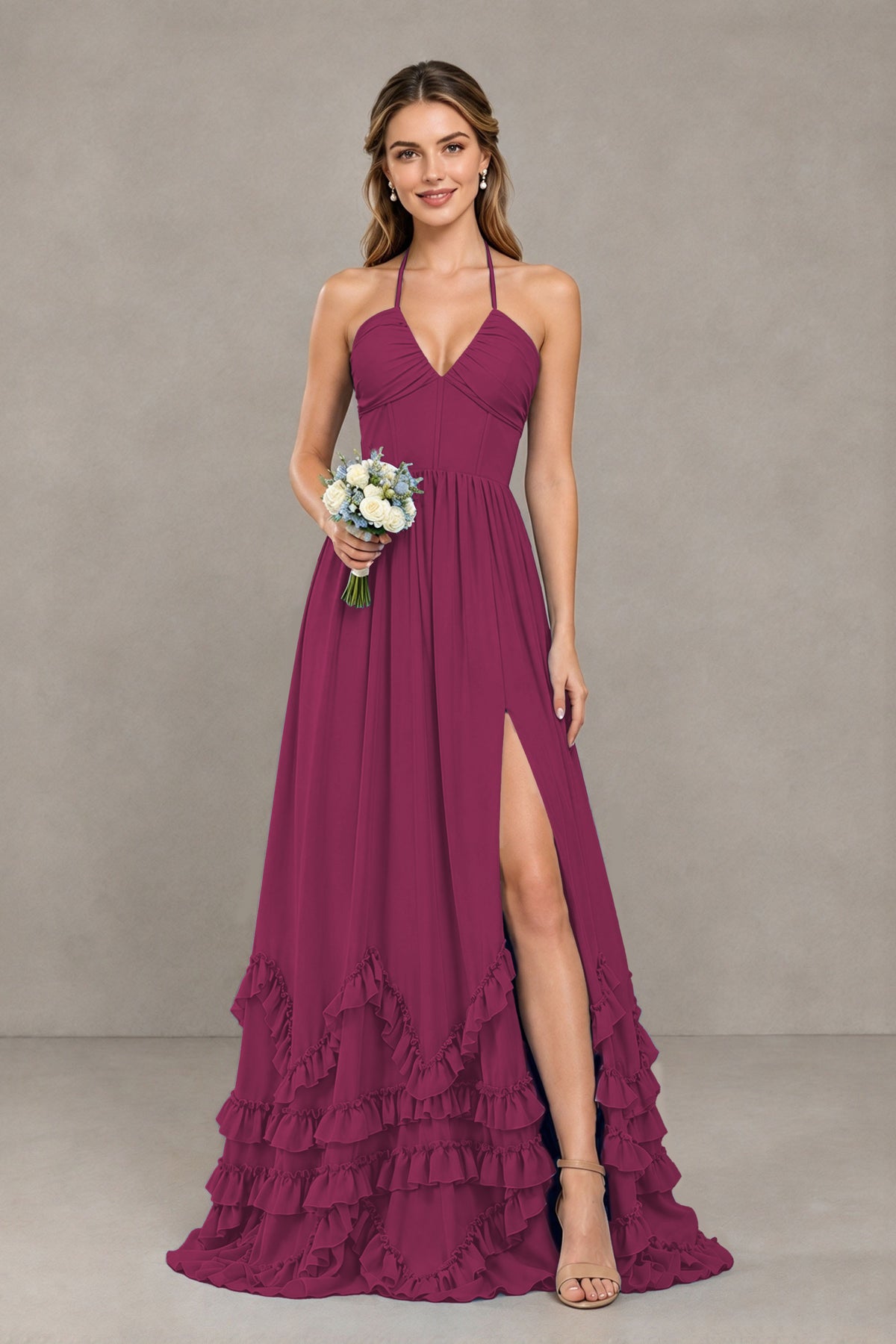 BOLODOO Desert Rose Halter Ruffle Hem A-Line Bridesmaid Dress with High Slit - Desert Rose - Desert Rose(1)