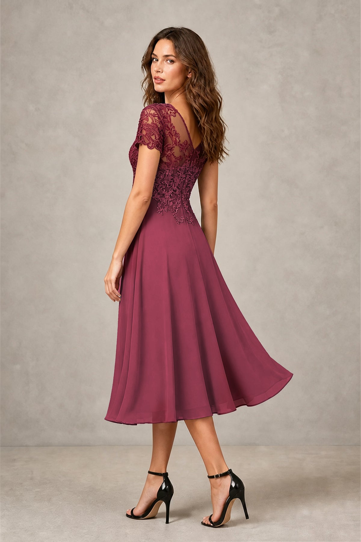 BOLODOO Steel Desert Rose Beaded Lace Illusion Bodice Chiffon Tea-Length Dress | Mother of the Bride & Cocktail Party - Desert Rose