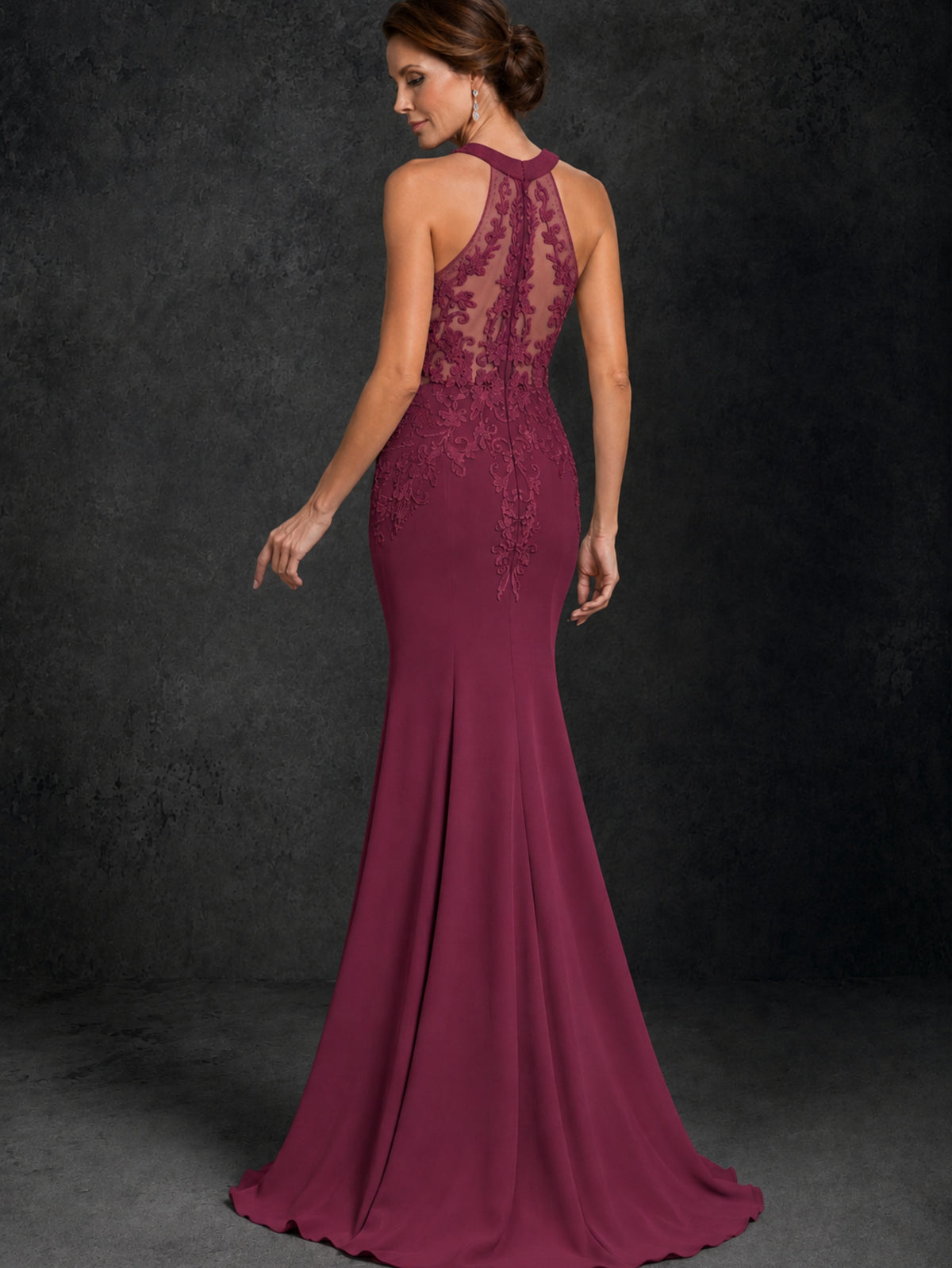 BOLODOO Desert Rose Lace Applique Halter Neck Sheer Back Mermaid Maxi Dress with Sweep Train - Desert Rose