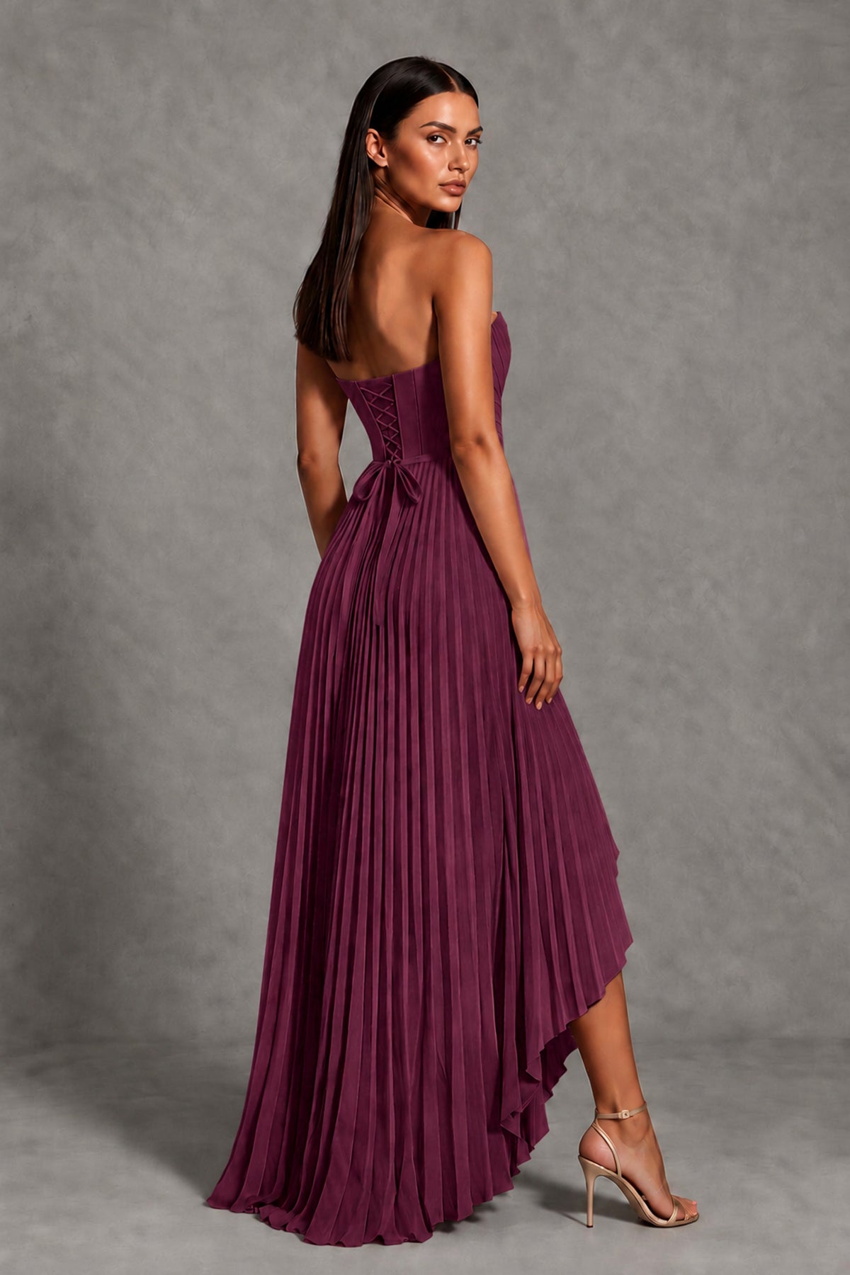Desert Rose Strapless Pleated High-Low Evening Gown with Ruffle Hem - Desert Rose - Desert_Rose_2