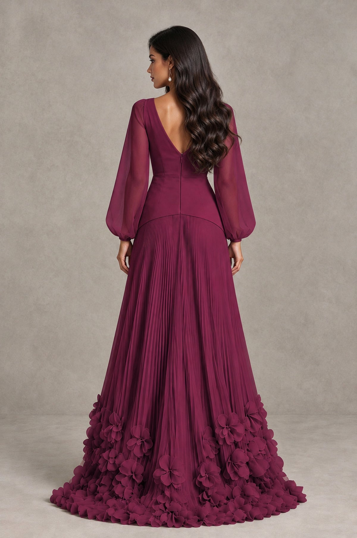 BOLODOO Desert Rose V-Neck Long Sleeve Pleated Floral Hem Evening Dress - Desert Rose - Desert Rose_2