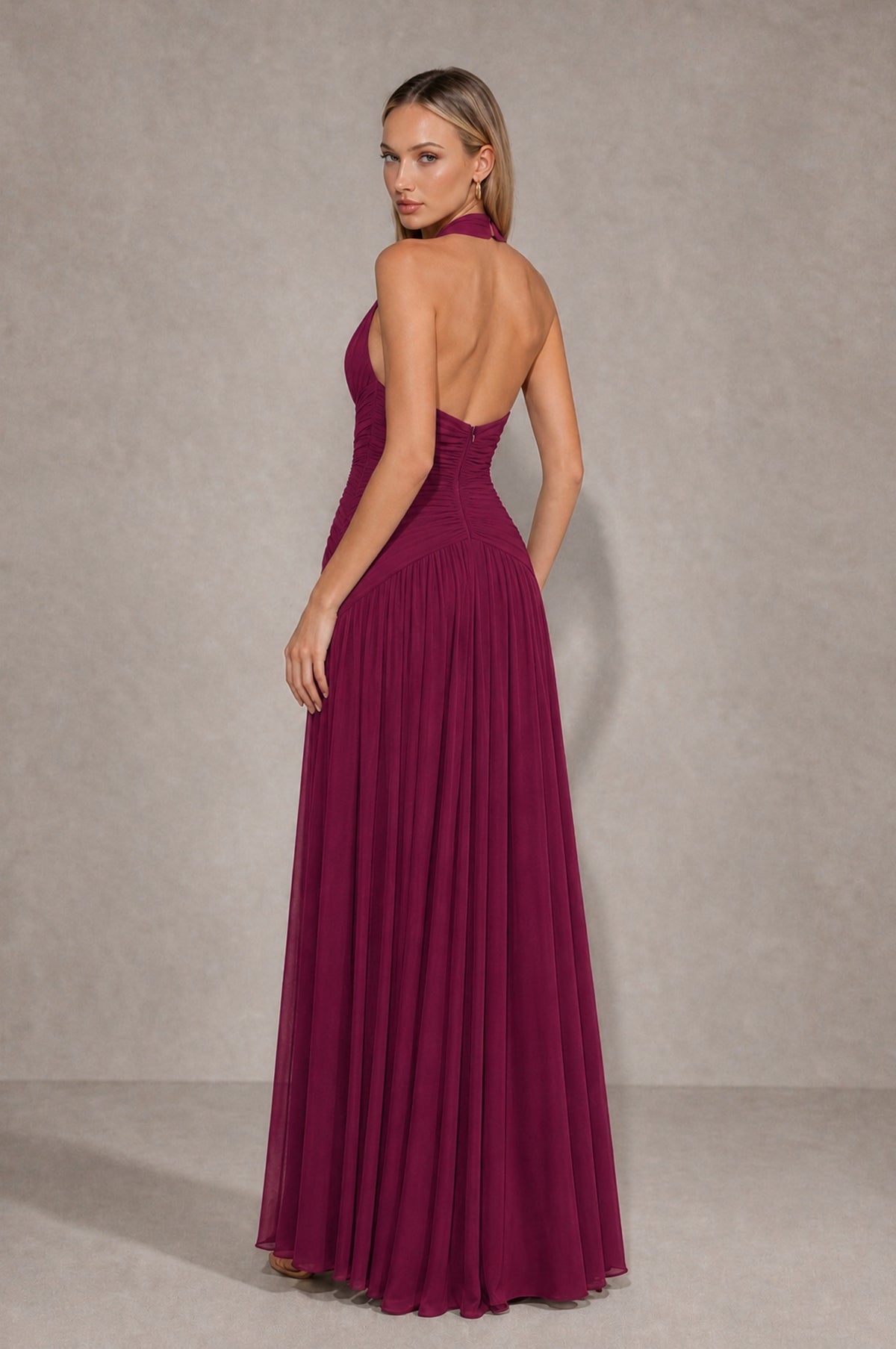 BOLODOO Desert Rose Chiffon Halter Deep V-Neck Ruched A-Line Backless Maxi Dress with Train-BD0167 - Desert Rose - Desert Rose_2