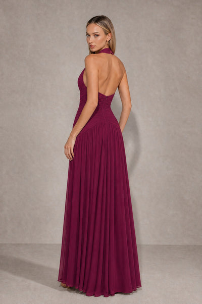 BOLODOO Desert Rose Chiffon Halter Deep V-Neck Ruched A-Line Backless Maxi Dress with Train-BD0167 - Desert Rose - Desert Rose_2