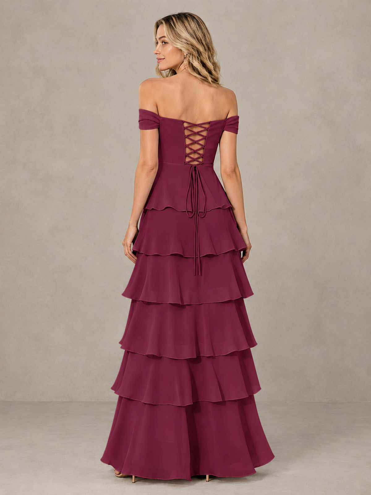 BOLODOO Desert Rose Off-Shoulder Tiered Ruffle Bridesmaid Dress with Lace-Up Back - Desert Rose - Desert Rose_2