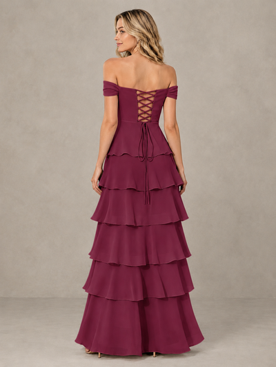 BOLODOO Desert Rose Off-Shoulder Tiered Ruffle Bridesmaid Dress with Lace-Up Back - Desert Rose - Desert Rose_2