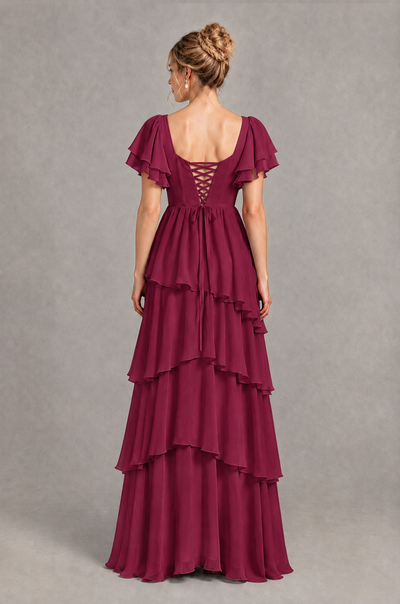 BOLODOO Desert Rose Square Neck Flutter Sleeve Tiered Chiffon Bridesmaid Dress with Lace-Up Back - Desert Rose - Desert Rose_2