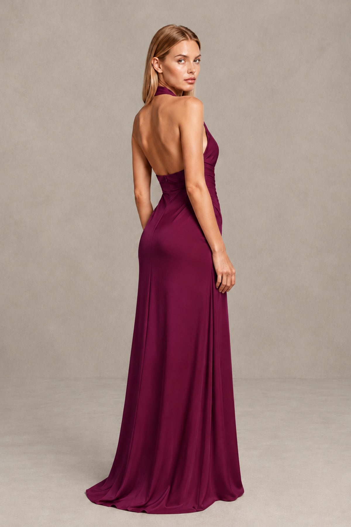 BOLODOO Desert Rose Twisted Halter Neck Ruched Sleeveless Open Back Floor-Length Gown - Desert Rose - Desert_Rose_2