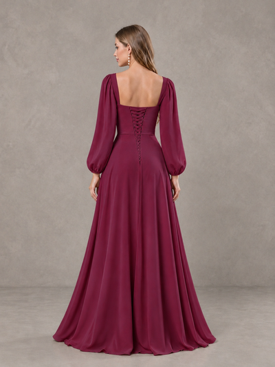 BOLODOO Desert Rose Square Neck Long Sleeve Bridesmaid Dress with Ruffle Slit - Desert Rose - Desert Rose_2