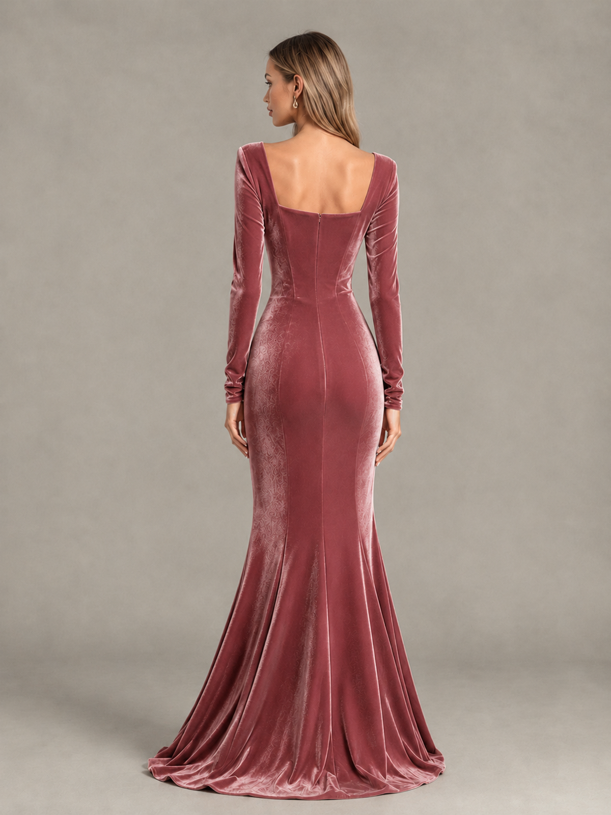 BOLODOO Desert Rose Velvet-Look Square Neck Long Sleeve Mermaid Evening Dress - Desert Rose - Desert Rose_2