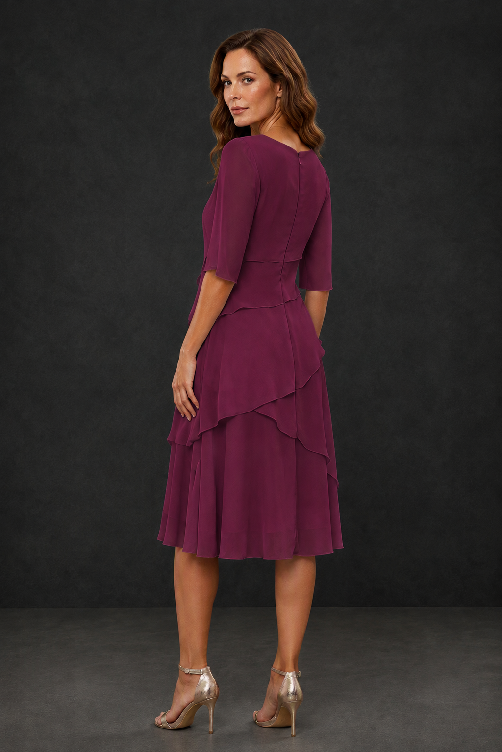 BOLODOO Desert Rose Chiffon 3/4 Sleeve Asymmetric Tiered Tea Length Dress | Mother of the Bride Midi Dress - Desert Rose